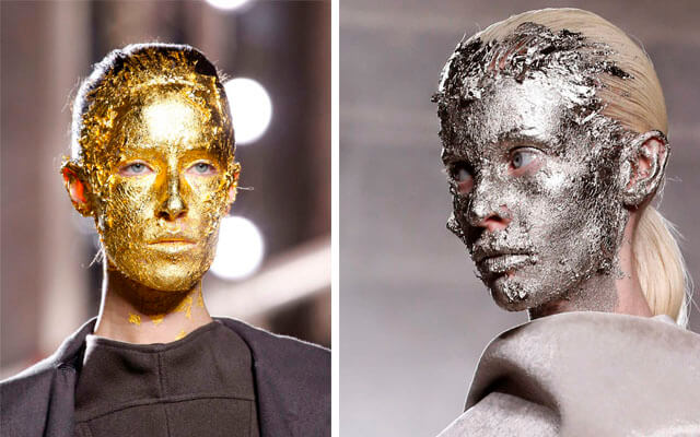 maquillaje con pan de oro y plata por Rick Owens Maquillaje en la pasarela: Rick Owens